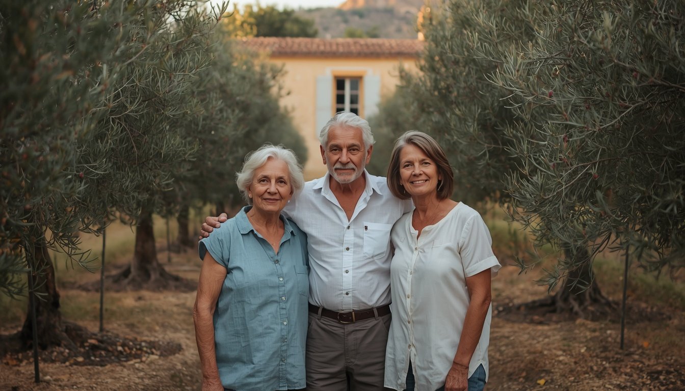 Serge Bagnis et ses filles dans l'oliveraie familiale à Aureille
